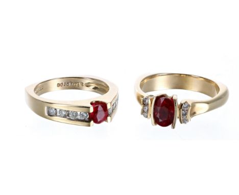 Two good modern 14k ruby and diamond set rings, one set with a round-cut ruby estimated 0.40ct approx, eight diamonds to the 