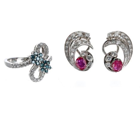 Pair of 18k white gold ruby and diamond earrings, the oval rubies in each 0.60ct approx, diamonds 1.30ct approx in total, 8.3