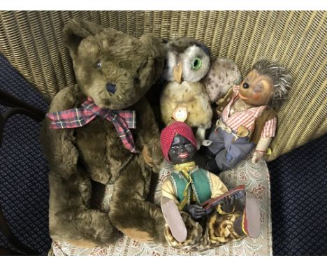 A Steiff hedgehog and owl, House of Fraser teddy bear and musical doll playing guitar.