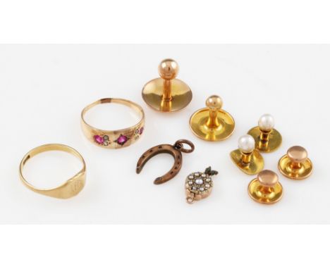 A collection of collar studs, some hallmarked 9ct gold, some stamped 9ct, some pearl set, together with an engraved signet ri