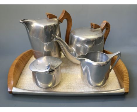 A Picquat ware stainless steel teapot, coffee pot, cream jug and sugar bowl.