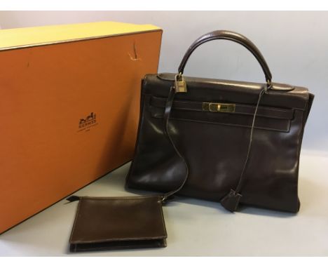 Hermes Kelly brown box leather handbag, with broken leather purse and box.