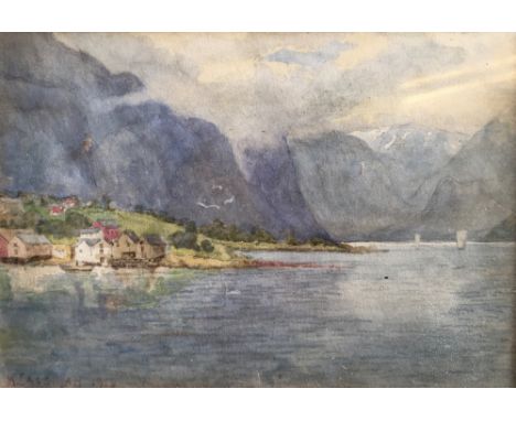 K. LASSMAN. Framed, signed and dated 1919, watercolour on paper, mountains with lake, 16.5cm x 24.5cm.