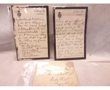 BATTENBURG PRINCE LOUIS (Mountbatten, 1st Marquis of Milford Haven).  2 manuscript letters to his steward on mourning notepap