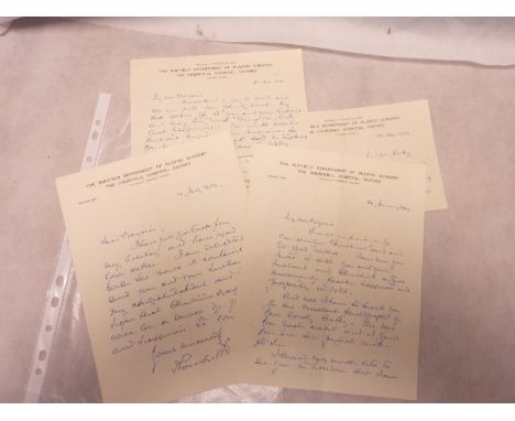 KILNER THOMAS P., English Pioneer Plastic Surgeon.  5 manuscript letters from the Churchill Hospital, Oxford to Mrs Marjorie 