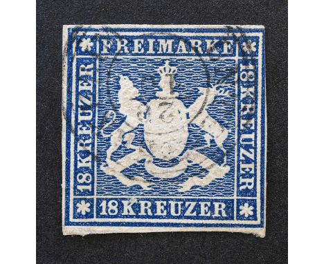 1857 18kr blue, very fine example with margins all round except just shaving the outer frame upper right, light cds cancel. S