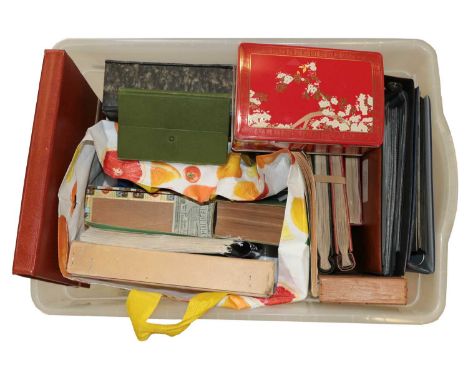 A clear container of albums, cigar box, pocket books, etc, a collector's odds and ends, including vintage page of dubious US 