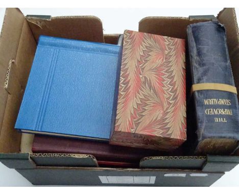 An interesting box of worldwide schoolboy albums including an oblong vintage 'Improved' album with many 100s incl. GB line-en