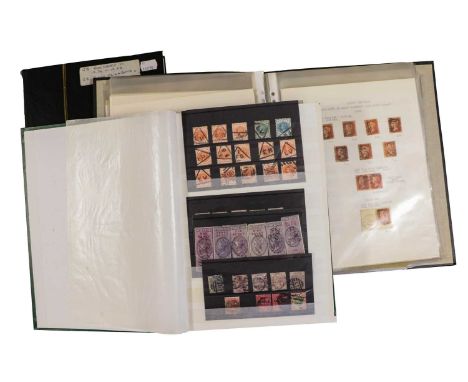 Collector's balance in three volumes, thousands of mostly used stamps on cards and album pages, the vast majority QV to KGV i