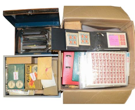 Intriguing lot in an oversize carton, plastic crate and old deed box, 10s of 1000s, of stamps, much stored during the first h