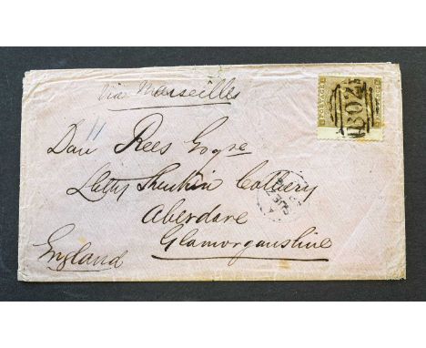 1862 9d bistre, (SG.86), wing-margin example used on pink cover 'via Marseille' to Scotland, with the 'B02' bar cancel and Su