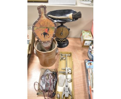 A selection of vintage hardware including Salters family scale and travel iron