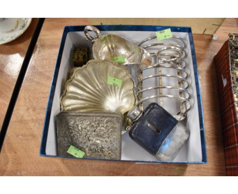 A selection of silver plated metal wares including toast rack and hip flask