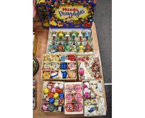 A good selection of vintage mid century glass blown Christmas baubles and boxed set of Disney lights