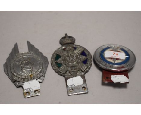 Three motor car hood engine or radiator badges one O.R.M.A member, A Safety badge and one Scottish military related