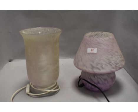 Two vintage glass side or table lamps one purple mottled mushroom form and a frosted glass uplighter