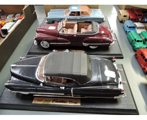 Three Anson 1:18 scale diecasts, 1953 Cadillac Eldorado, 1947 Cadillac Series 62 and 1973 Cadillac Eldorado