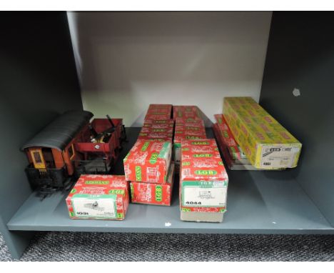 A shelf of Lehmann LGB G scale Rolling Stock, Track and Accessories including many boxed items, 4061, 4043 x2, 4044 x2, 4045,