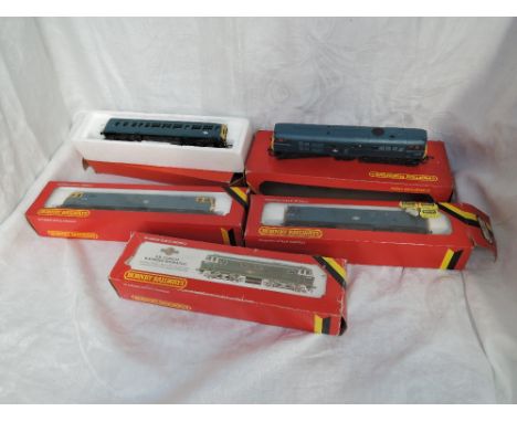 Five Hornby 00 gauge Diesel Locomotives, BR Class 25 R068, BR Class 47 R075, Hymek R074, Inter City 31420 and Inter City, all