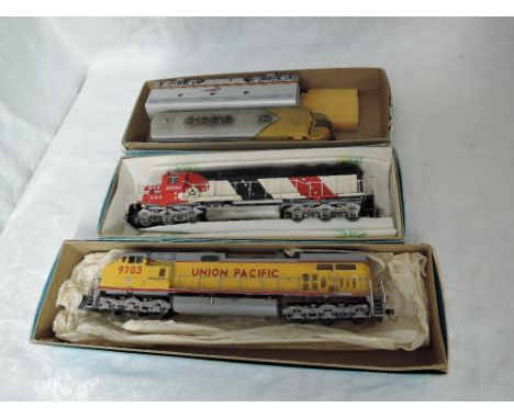 Three Atlas and similar HO scale, Santa Fe Locomotives 5700 &amp; 271C and Union Pacific 9703, all in Athearn boxes