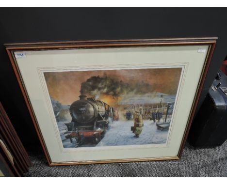 A limited edition framed print after Trevor R Owen, 4905 Locomotive at a snowy Lancaster Station