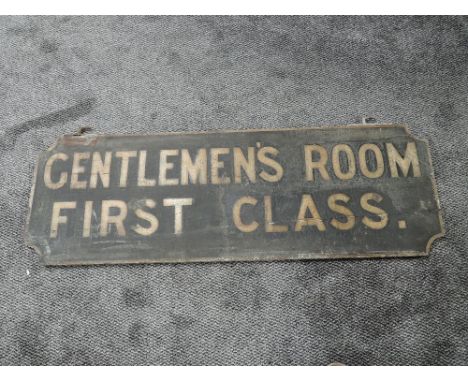 A vintage wooden Railway Sign, Gentlemen's Room First Class. In white lettering on black ground, length 115cm, height 38cm