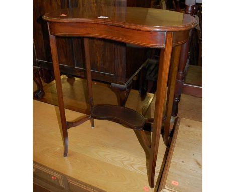 An Edwardian mahogany and satinwood inlaid kidney shaped two-tier occasional table, width 57cmCondition report: Very good, so