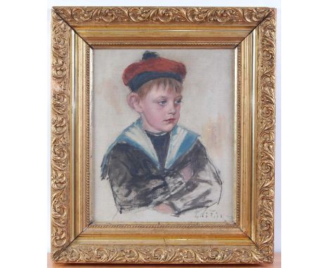 Circa 1900 French school - Half-length portrait of a boy wearing a beret, oil on canvas (with patch repair), indistinctly sig