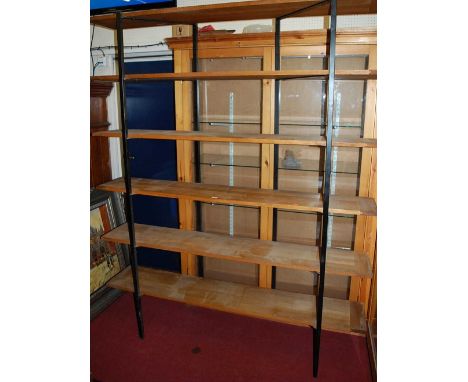 A 1970s oak and black painted metal large freestanding six-tier open display shelf, 210 x 170cm