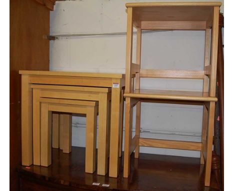 A contemporary beech nest of three occasional tables; together with two contemporary Treske light elm occasional tables (3)
