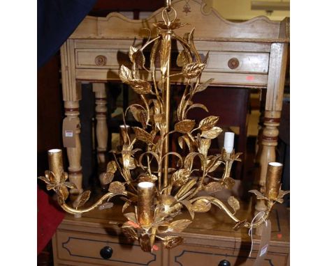 A floral decorated gilt metal five light hanging electrolier, drop 50cm