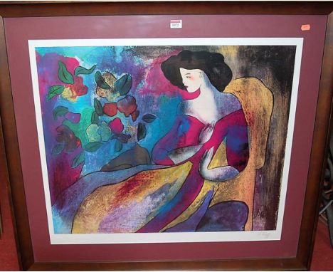 Linda Le Kinff (b.1949) - Seated woman with flowers, lithograph, 61 x 73cmCondition report: No issue number visible.