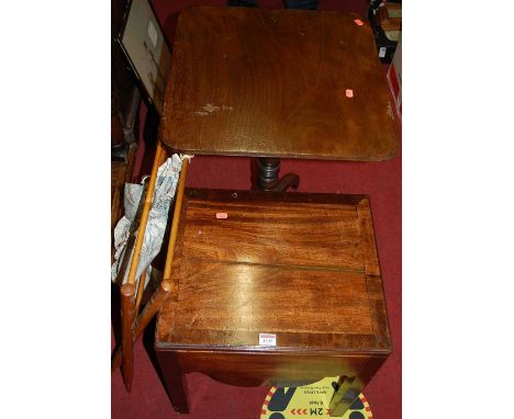 A 19th century mahogany hinge topped commode (converted); together with a 19th century mahogany round cornered tilt-top pedes