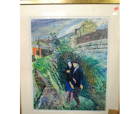Carel Weight (1908-1997) - Couple in a North Country landscape, lithograph, No.10/95, 54 x 43cm