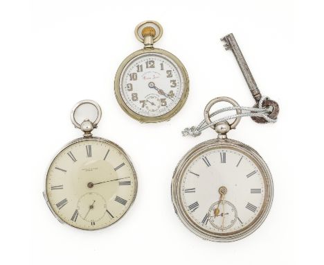 TWO SILVER POCKET WATCHES AND A BASE METAL FOB WATCH (3)Comprising an open faced gentleman's pocket watch, the gilt movement 