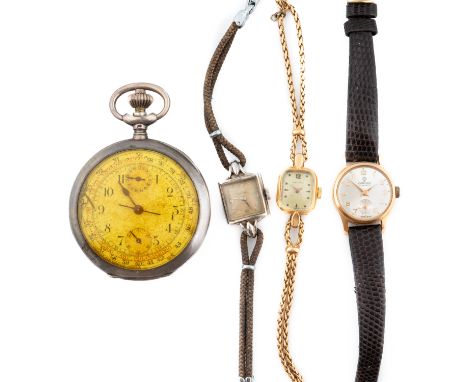 AN ERNEST BOREL GOLD LADY'S BRACELET WATCH, TWO LADY'S WRISTWATCHES AND A GERMAN OPENFACED POCKET WATCH (4)The Ernest Borel w
