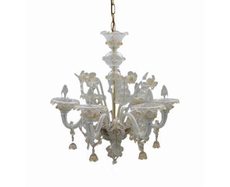 A VENETIAN MURANO GILT FLECK GLASS SIX LIGHT CHANDELIERModern
With six scroll arms hung with ringed bells, alternating with l