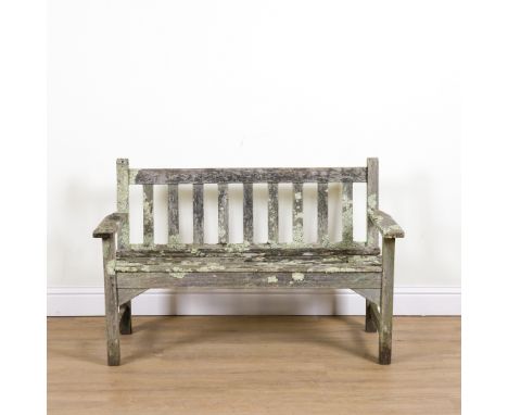 A HARDWOOD SLATTED GARDEN BENCHOf small proportions, 129cm wide; 83cm high