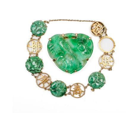 A GOLD AND JADE BROOCH AND A GOLD AND JADE BRACELET (2)The jade panel probably originally one half of a buckle, carved with a
