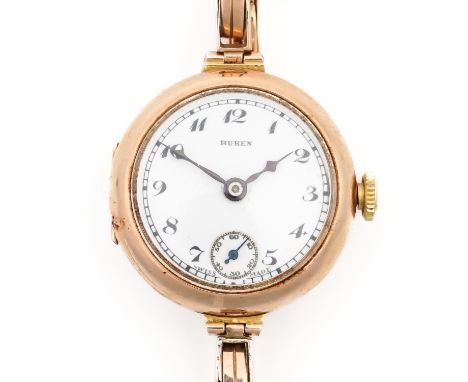 A BUREN 9CT GOLD CASED LADY'S BRACELET WRISTWATCH (2)With a signed jewelled lever movement, the signed enamel dial with Black