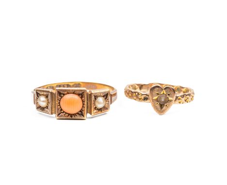 A 15CT GOLD, CORAL AND HALF PEARL RING AND A 9CT GOLD AND HALF PEARL RING (2)The first ring mounted with a coral between two 