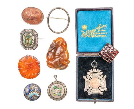 A GROUP OF JEWELLERY (8)Comprising; an enamelled pendant locket with floral decoration, a mosaic brooch with an insect motif,