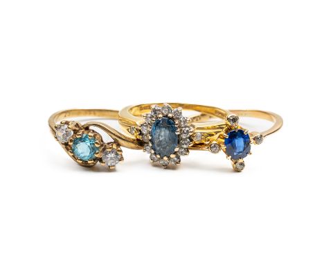 THREE BLUE GEMSET RINGS (3)The first a sapphire and diamond floral cluster ring, in 18ct, size H½, weight 3 grams, the second