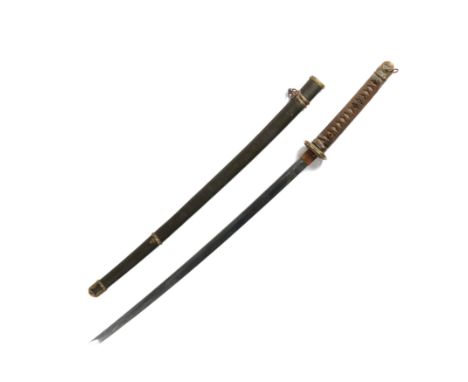 A JAPANESE IMPERIAL ARMY OFFICER'S SHIN GUNTO SWORDWith a dulled steel blade, tsuba and handle, the scabbard of painted wood,