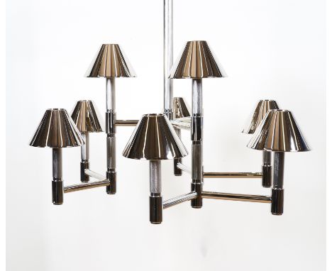 RALPH LAUREN: A MEDIUM ‘KNURLED’ CHROME PLATED CHANDELIERModern
With twelve lights each with chrome metal shade, 95cm wide, o
