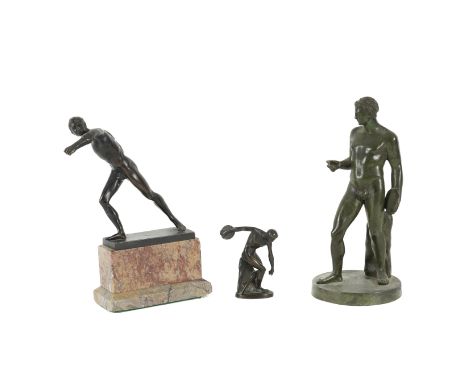 OF GRAND TOUR INTEREST: AN ITALIAN PATINATED BRONZE FIGURE OF A DISCUS THROWER, A FIGURE OF AN ATHELETE AND A SMALL MODEL OF 