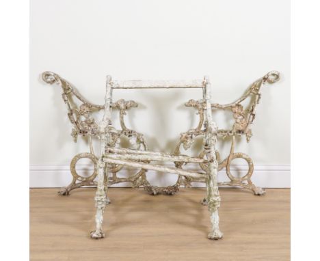 AFTER COALBROOKDALE; TWO PAIRS OF WHITE PAINTED ALUMINIUM BENCH ENDS (4)In the hound and serpent pattern, each approximately,