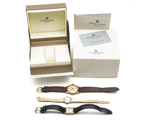 THREE WRISTWATCHES (3)A Maurice Lacroix gilt metal fronted and steel backed lady's wristwatch warranty and instructions, case