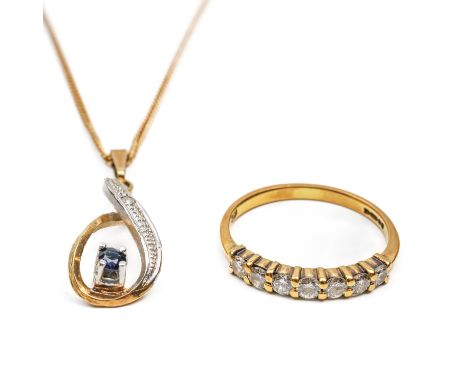 A GOLD RING AND A NECKLACEThe ring claw set with round brilliant diamonds, in 18ct, size K½, gross weight 1.9 grams, and a sa