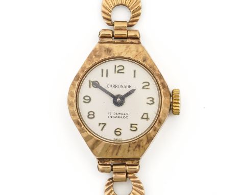 A CARRONADE 9CT GOLD LADY'S BRACELET WRISTWATCHThe signed circular silvered dial with black Arabic numerals and black hands, 